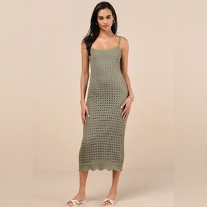 Lulus Ventura Vision Olive Green Crochet Lace-Up Midi Dress - XS , NEW